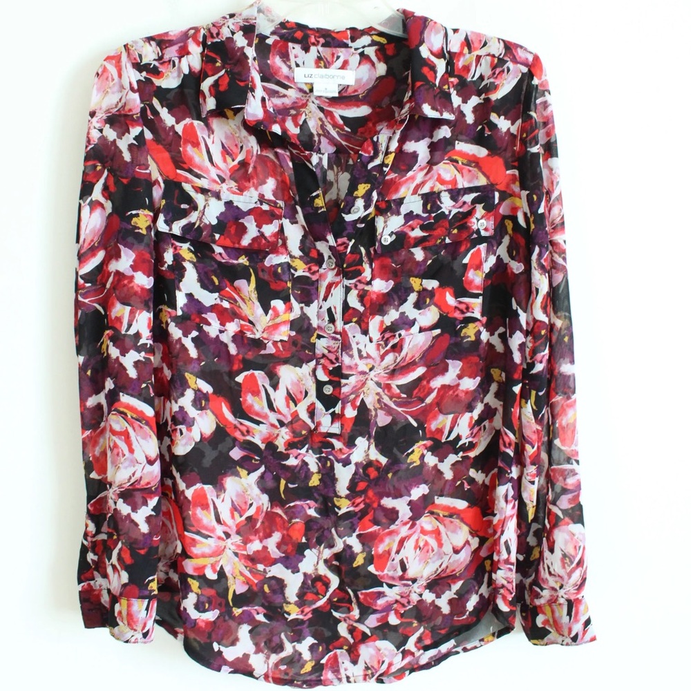 Liz Claiborne Red and Black Floral Button Down Shirt